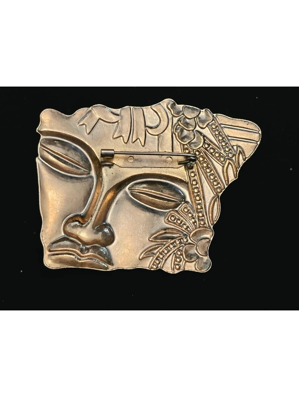 Vintage Art Deco Style Gold Tone Mask Face Statement Brooch